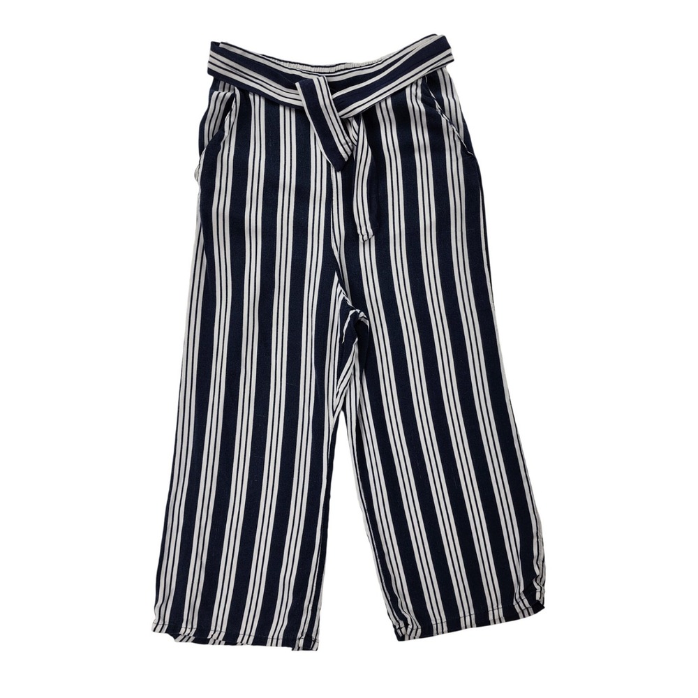H&M Striped Wide Leg Pants Kids Size 10 Navy Blue White Woven Tie Waist